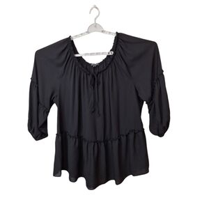 Lane Bryant Womens 26/28 Black Pullover Peplum Top Elastic‎ Neckline Tie Balloon